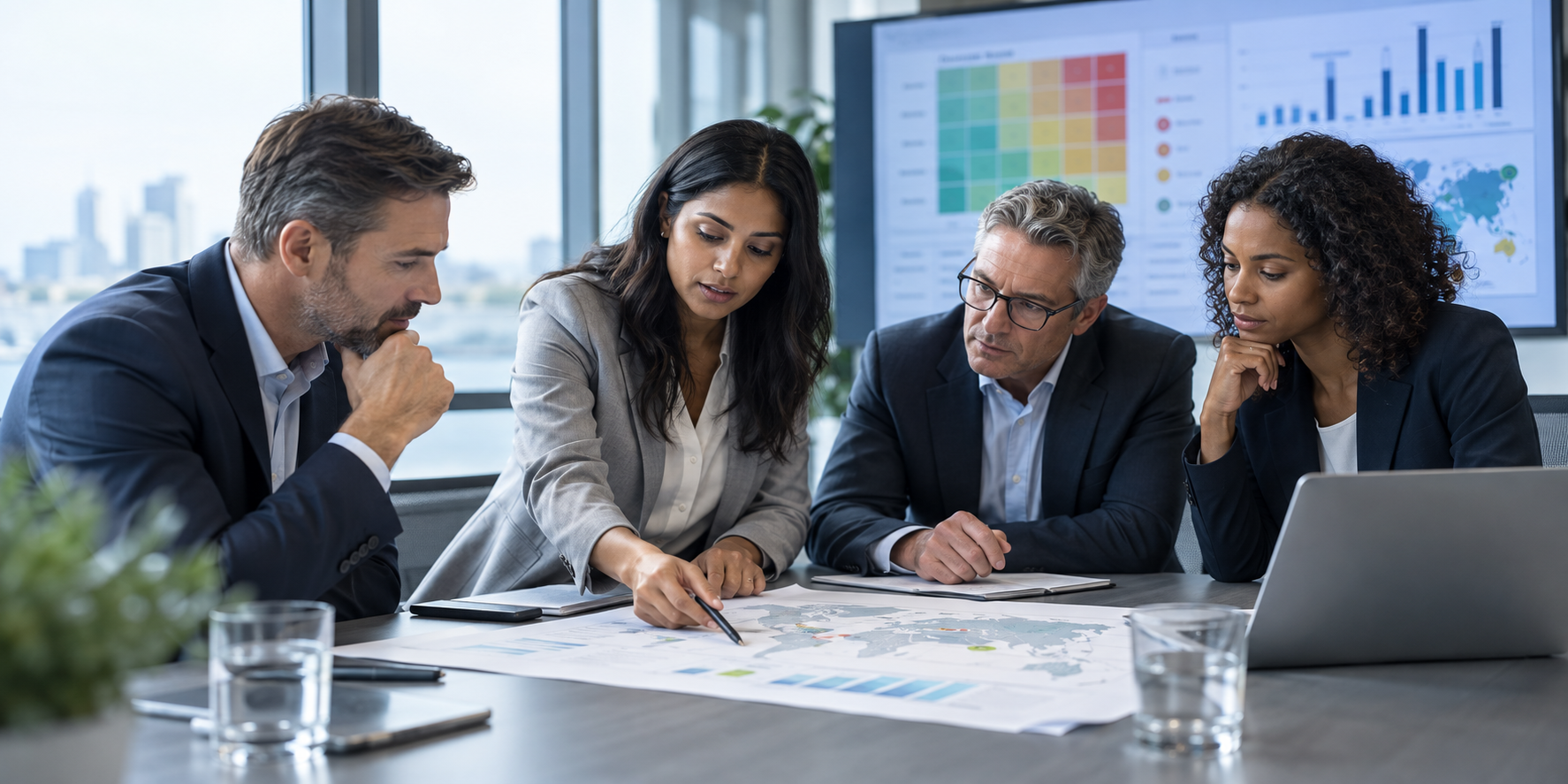 Équipe de direction analysant les risques et les priorités stratégiques de l’entreprise